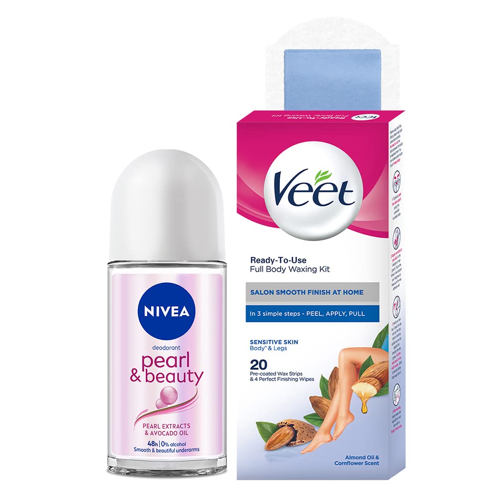 NIVEA Deodorant Roll On, Pearl & Beauty For Women 50ml + Veet Full Body Waxing Kit - Sensitive Skin (20 strips)