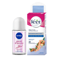 NIVEA Deodorant Roll On, Pearl & Beauty For Women 50ml + Veet Full Body Waxing Kit - Sensitive Skin (20 strips)
