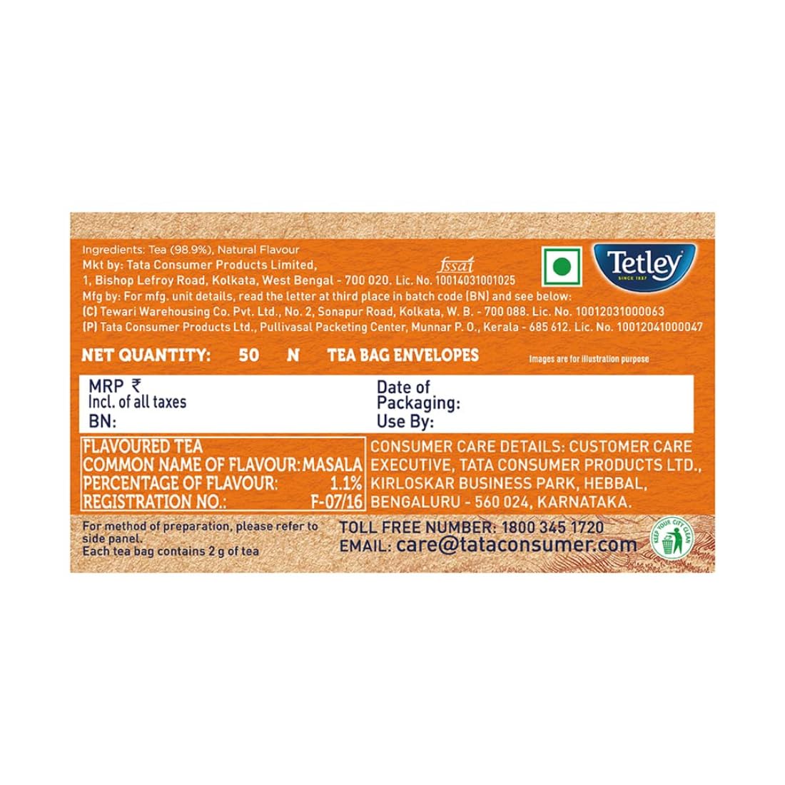 Tetley | Masala Chai With Natural Flavour | Black Tea | 50 Tea Bags, 100 Grams