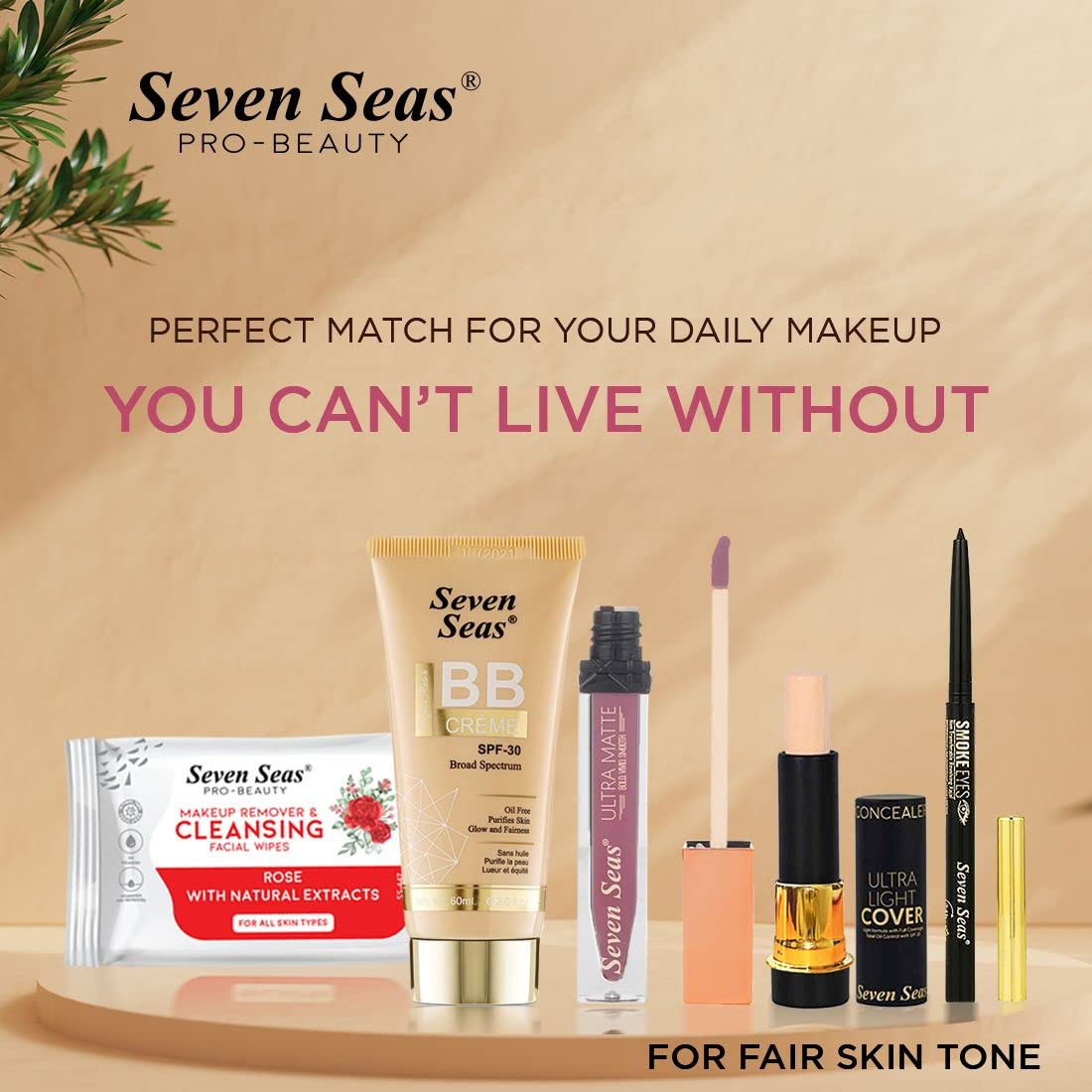 Seven Seas Light weight, BB Tube Board Spectrum Foundation, Face Primer, Liquid Lipstick, Oil Concealer, Kajal, Makeup Remover with | Full Coverage | face makeup (Combo set) (Women) (Skin)