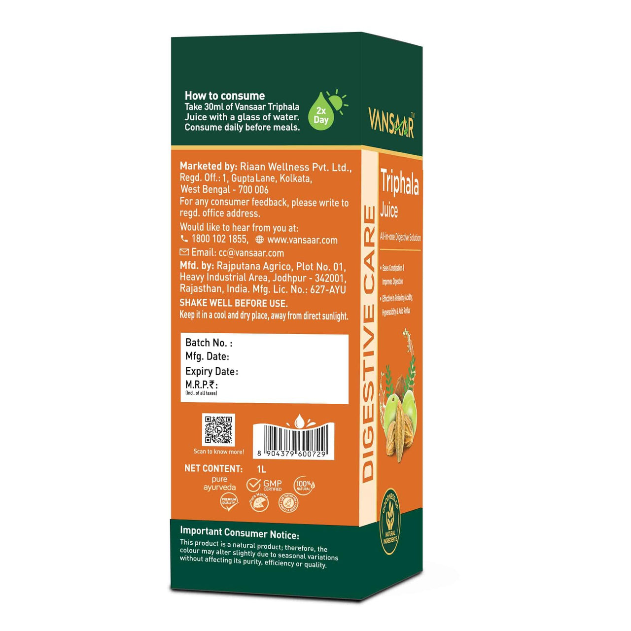 Triphala Juice - 1L | All-in-one Digestive Care Solution | Long term constipation, digestive problem relief supplement | Improves Gut Health | 100 % Ayurvedic Formula