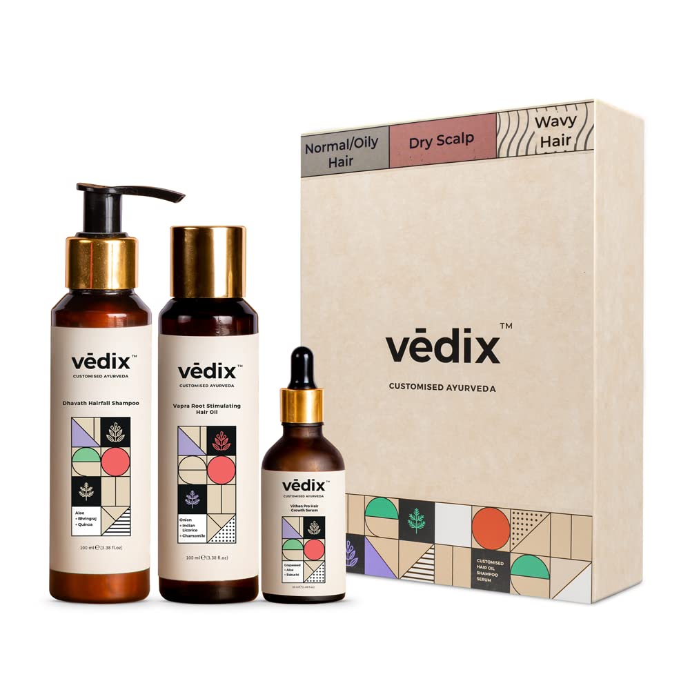 Vedix Customized Hair Fall Control Regimen For Normal/Oily Hair - Dry Scalp & Wavy Hair - 3 Product Kit - Anti Hair Fall Oil With Onion+Indian Licorice - Hair Growth Serum