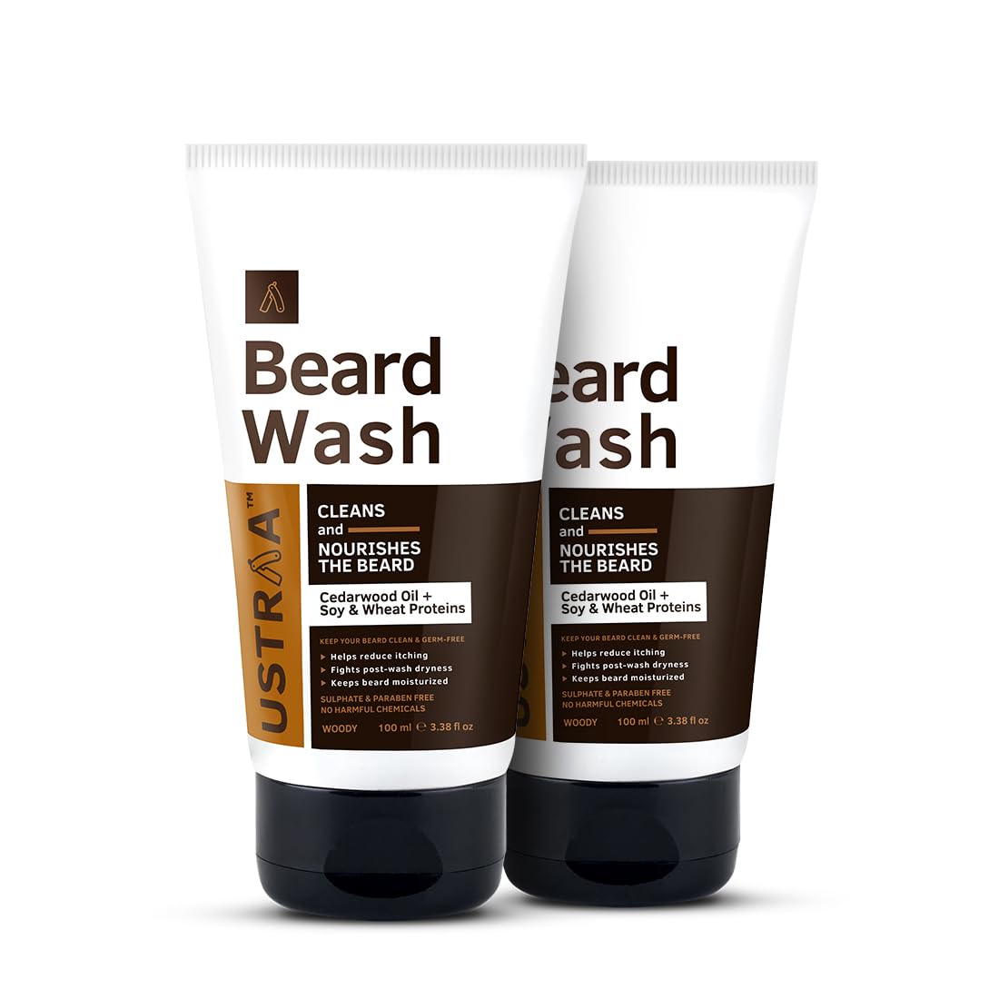 Ustraa Beard Wash Woody - 2 x100 ml - Sulphate-free Beard Wash | Thick Foam, No Post-wash Dryness, Cleansed & Smooth Beard | Beard Shampoo for Germ-Free Beard (Set of 2)