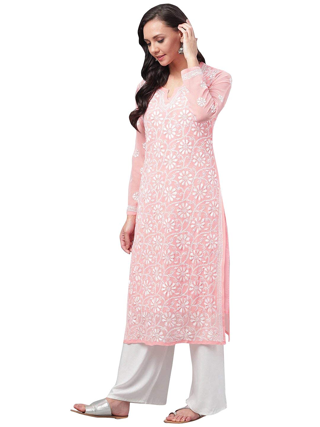 Ada Hand Embroidered Women's  Georgette Lucknowi Chikankari Kurta with Slip A90397 White