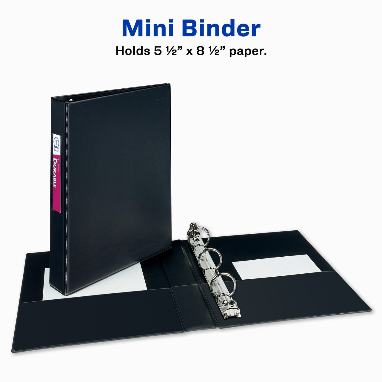 Avery Mini Durable 3 Ring Binders, 1" Round Rings, Holds 5-1/2" x 8-1/2" Paper, Spine ID Label Holder, 2 Black Binders (13456) 1" 2 Pack
