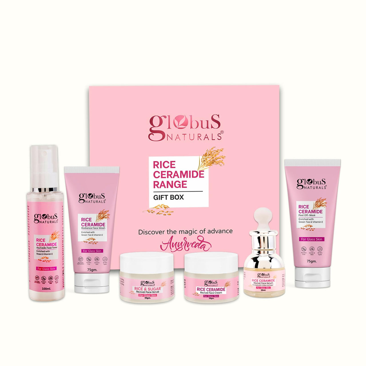 Globus Naturals Revival Rice Ceramide Christmas Radiance Box, For Korean Glss Skin, Set of 6 Face Wash 75gm, Cream 50gm, Scrub 50gm, Peel off Mask 75gm, Serum 30ml, Toner 100ml