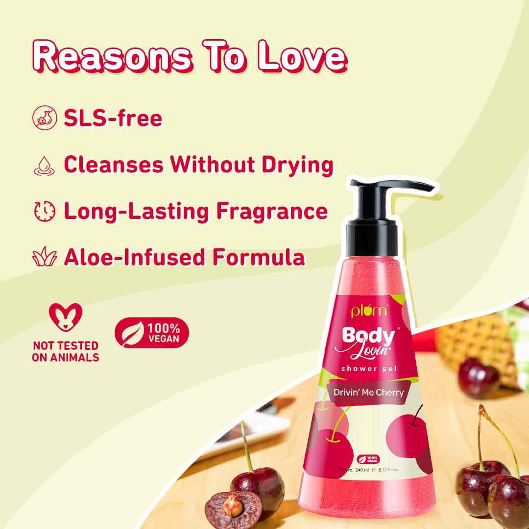 Plum BodyLovin' Drivin' Me Cherry Shower Gel | SLS-Free Body Wash For Women | Long Lasting Sweet Cherry Fragrance | Aloe-Infused Nourishing Body Cleanser For Soft & Smooth Skin (240 ml)