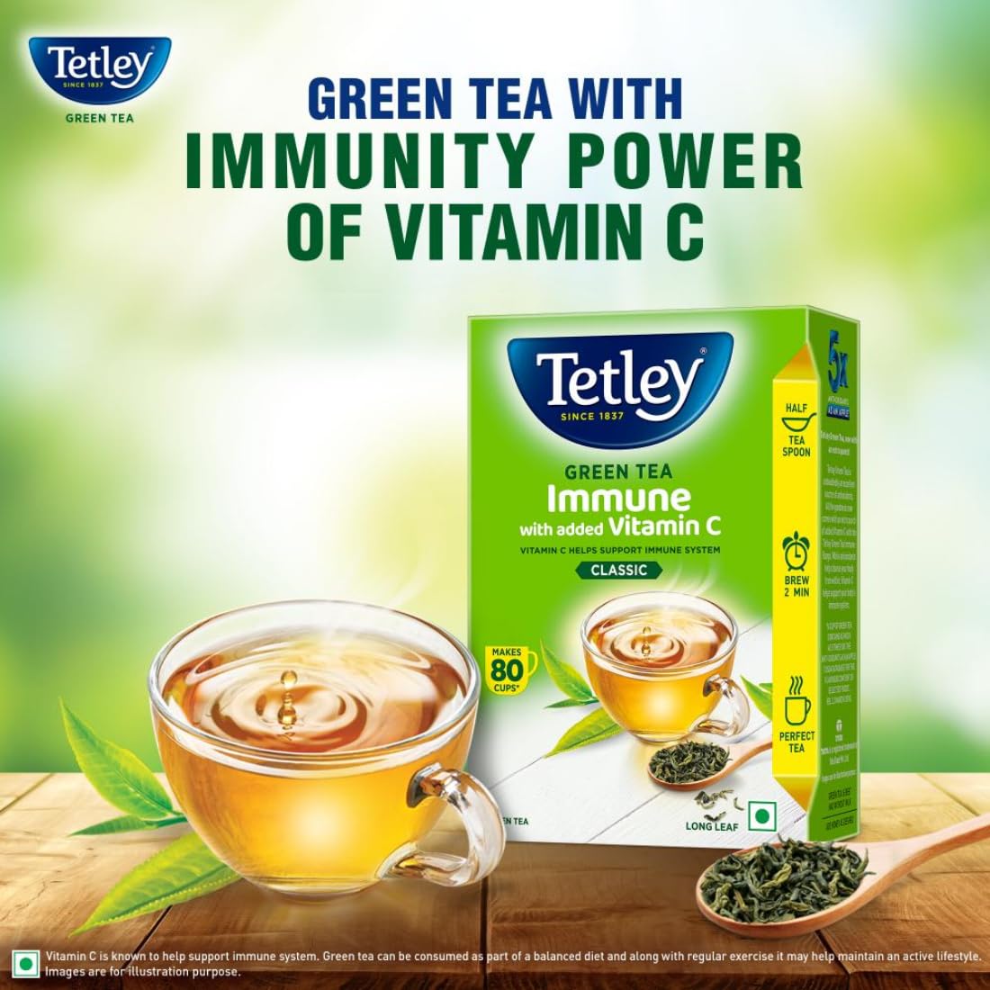 Tetley Loose Green Tea Leaves 100g, Classic Flavour, Immune With Added Vitamin C, Makes 80 Cups, Long Leaf Tea, 5X Antioxidants As An Apple