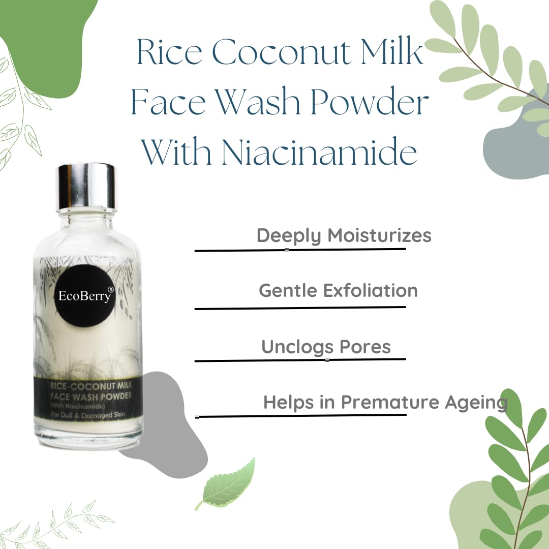 EcoBerry Rice Coconut Milk Face Wash Powder | Talc Free, Hypoallergenic, Sensitive Skin 100% Pure, Organic | Natural | Alcohol Free | Preservative Free | Chemical Free | Vegan, 30g