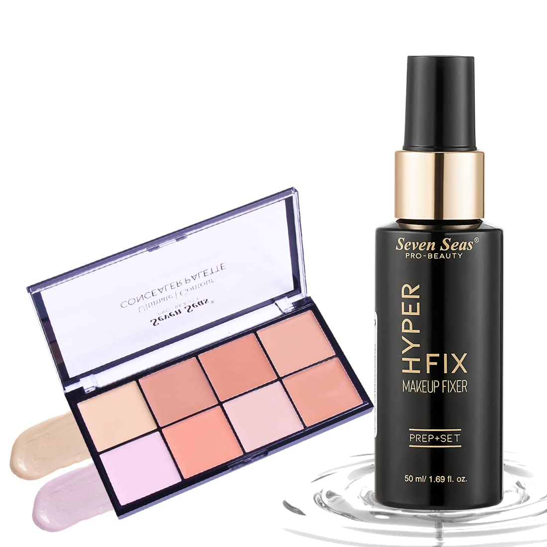 Seven Seas Hyper Fix Prep+Set Makeup Fixer With Ultimate Contour Concealer Palette | Oil Free_Natural | (Pack of 2)