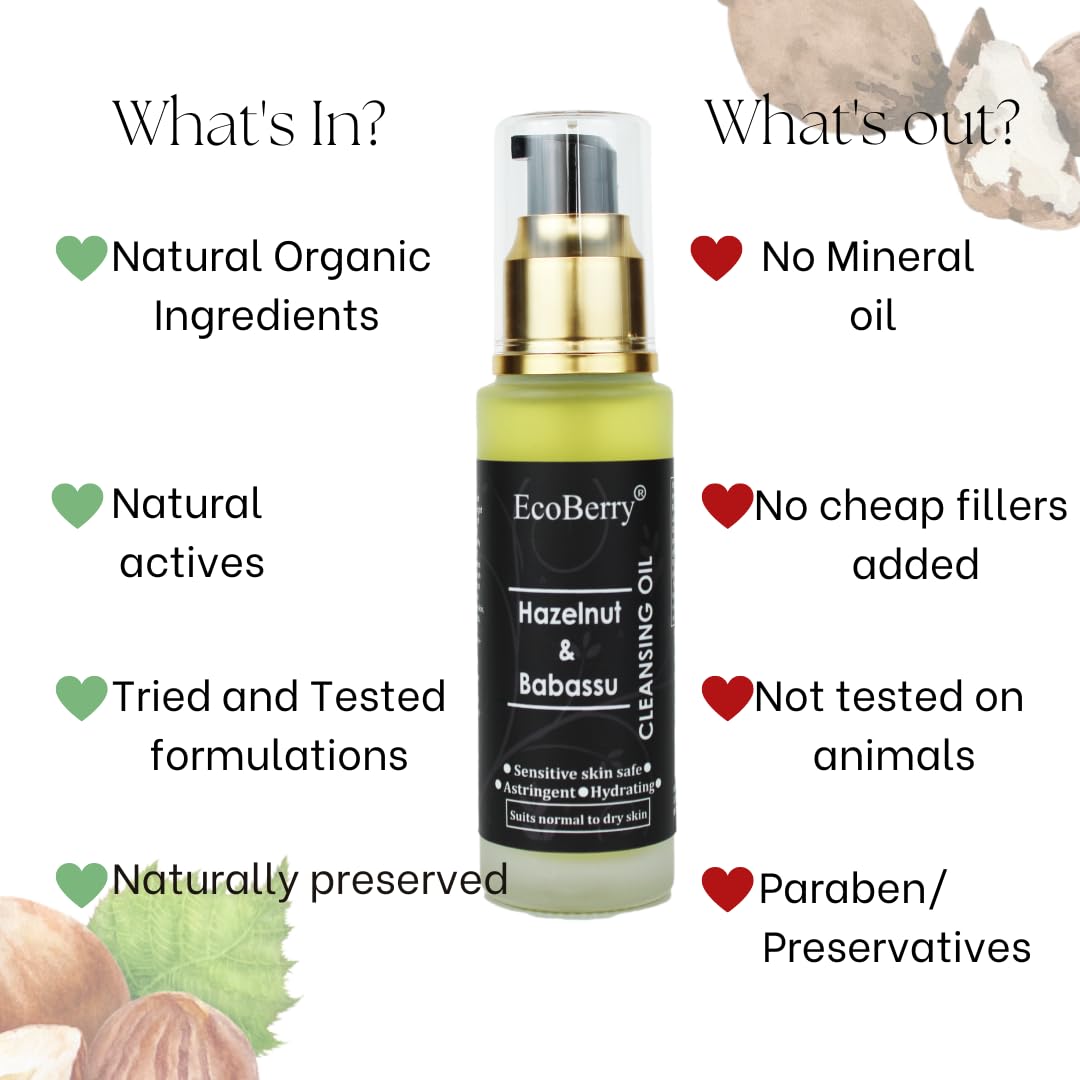 EcoBerry Hazelnut & Babassu Cleansing Oil For Dry Skin, Astringent, Increases Collagen production, Protects Against UV, Non-greasy, Natural & Handmade, Mineral Oil Free, Preservative Free, Vegan