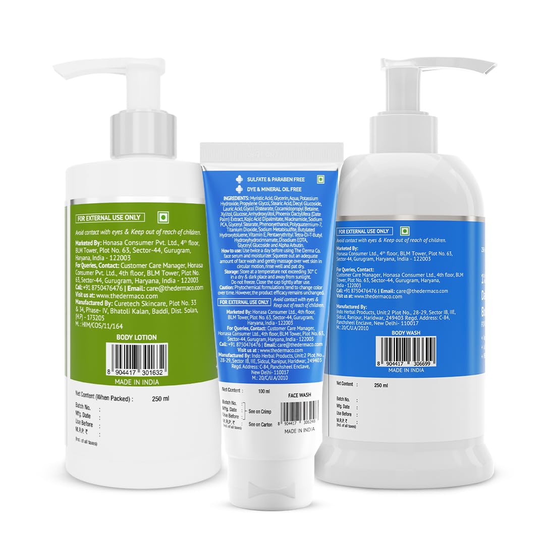 The Derma Co Hello Clear Skin Combo (1% Kojic Acid Face Wash 100ml+1% Kojic Acid Brightening Body Wash 250ml+1% Kojic Acid Daily Glow Body Serum-Lotion 250 ml) Fades Spots | Treats Pigmentation