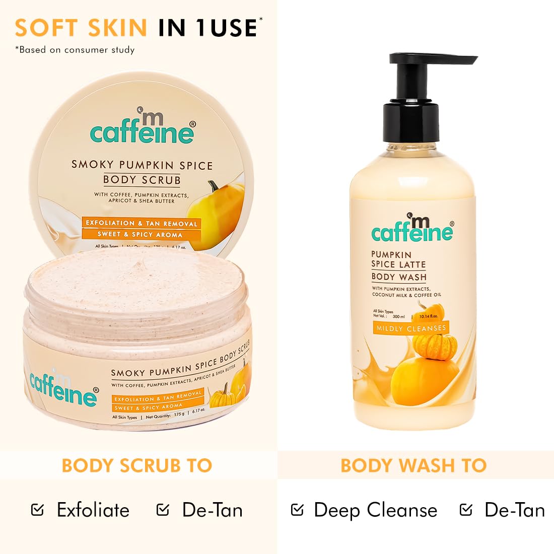 mCaffeine Pumpkin Spice Cleanse & Detan Duo for Glowing Skin| Mildly Cleanses, Exfoliates, Detans|Pumpkin Body Wash - 300ml & Pumpkin Body Scrub - 175 g | Sweet & Spicy Pumpkin Aroma for Men & Women