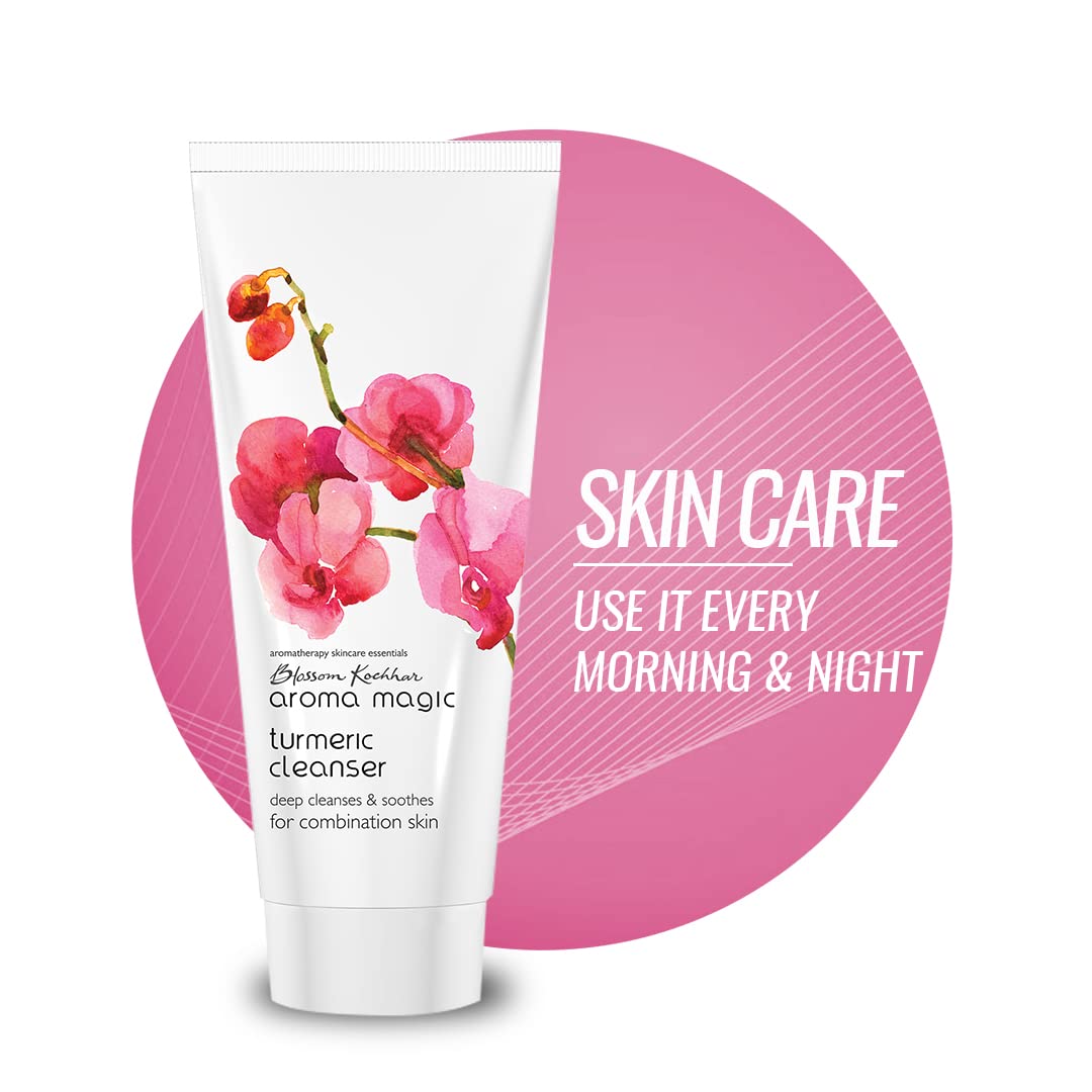 Aroma Magic Turmeric Cleanser | Deeply cleanses, hydrates, unclogs pores & soothes skin with Grapeseed, jojoba & ylang-ylang essential oils, Damask rose extracts | For Combination Skin - 100 gm