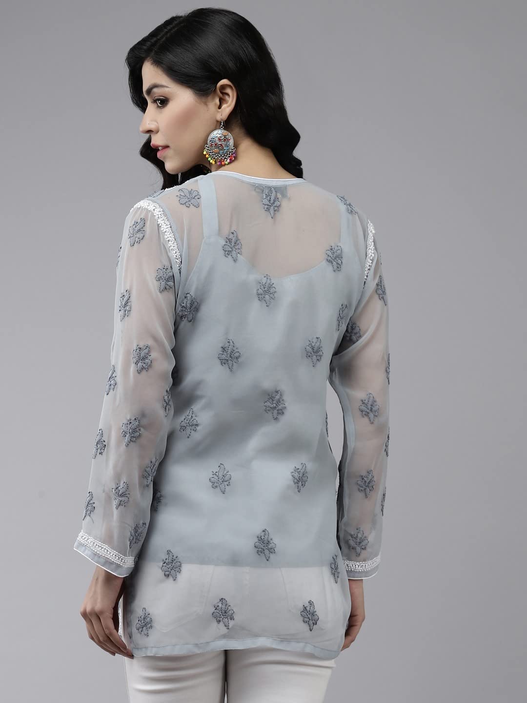 Ada Women's  Hand Embroidered Lucknowi Chikankari Georgette Short Top Kurti with Slip