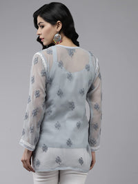 Ada Women's  Hand Embroidered Lucknowi Chikankari Georgette Short Top Kurti with Slip