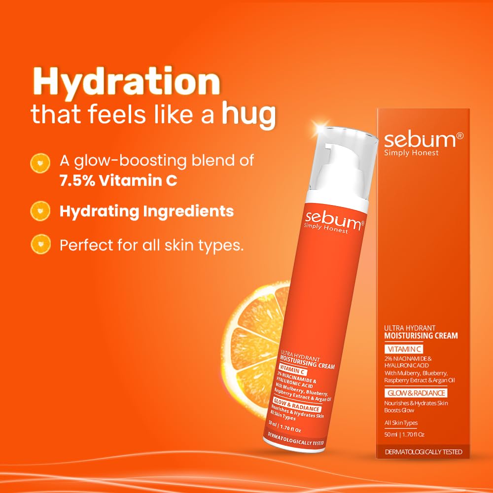 SEBUM Ultra Hydrant Moisturising Cream | 7.5% Vitamin C + Blueberry, Mulberry, Raspberry Extract & Argan Oil | Brightening & Radiance Boost for Uneven Skin Tone, Dull Skin, Hyperpigmentation | Vegan & Paraben-Free | Dermatologically Tested