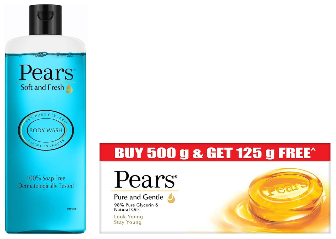 Pears Pure & Gentle Moisturising Bathing Bar Soap with Glycerine For Golden Glow 125g (Pack of 5) & Pears body wash, 250 ml
