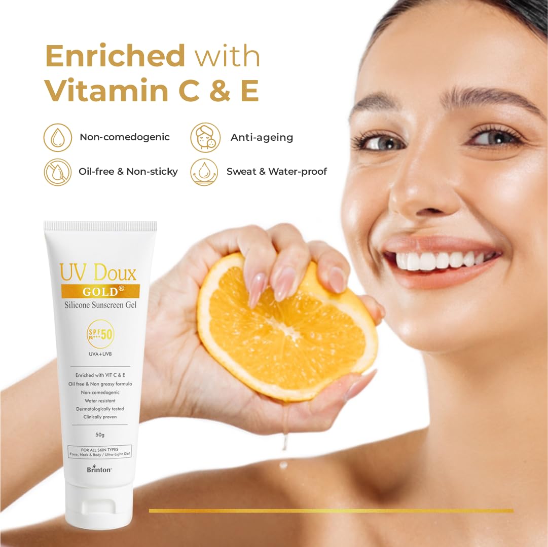 Brinton UV Doux Gold Silicone Sunscreen Gel SPF 50 PA+++ Enriched With Vitamin C & E | Water Resistant, Oil Free & Non- Greasy | UVA/UVB With Broad Spectrum, 50 g x Pack of 3