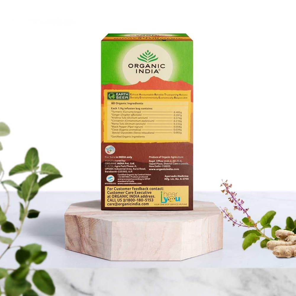 A TATA Product - Organic India Tulsi Ginger Turmeric - 25 Tea Bags, Boosts Immunity, Supports Healing & Recovery, Rich in Antioxidants, Made with Tulsi, Turmeric, Cinnamon, and Pepper
