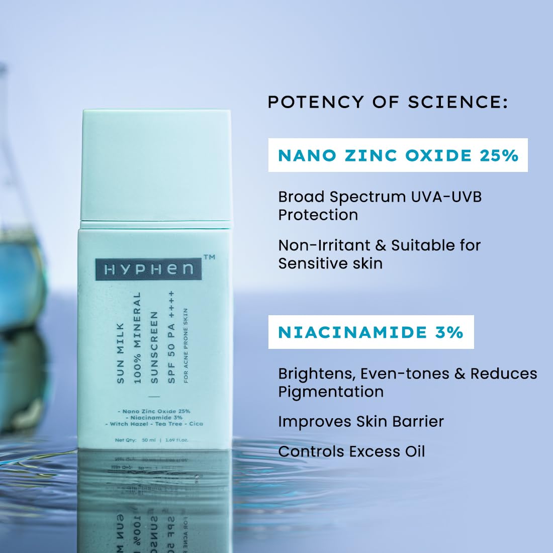 Hyphen Sun Milk 100% Mineral Sunscreen Spf 50 Pa++++ Uv+ Bluelight Protection, 25% Nano Zinc Oxide | Sensitive, Acne Prone & Oily Skin, Water Resistant Sun Protect | For Women And Men - 50 Ml