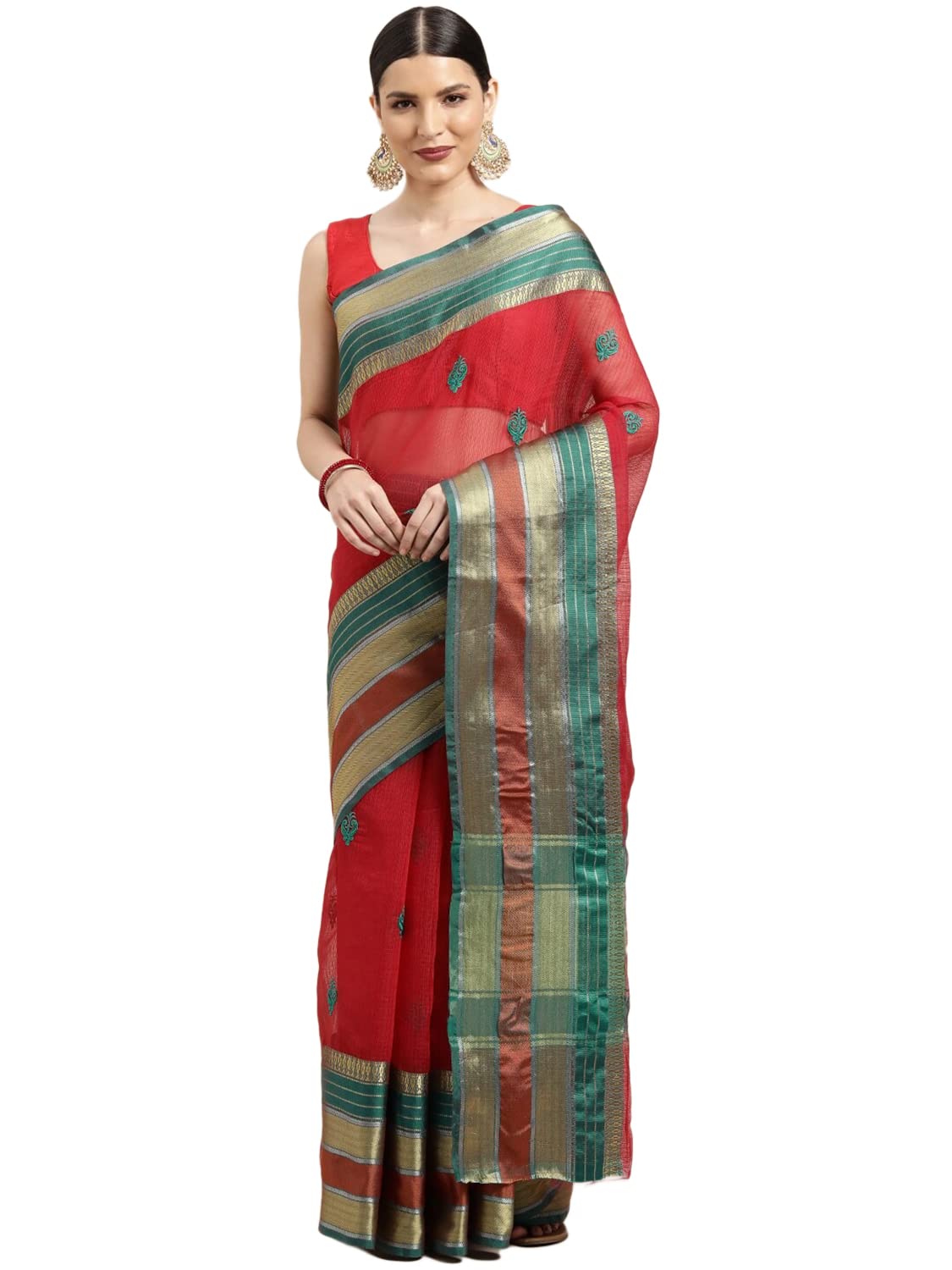 leeza store Women's  Jacquard Dobby Butta Butti Rich Kota Doria Cotton Silk Saree With Blouse Piece Green