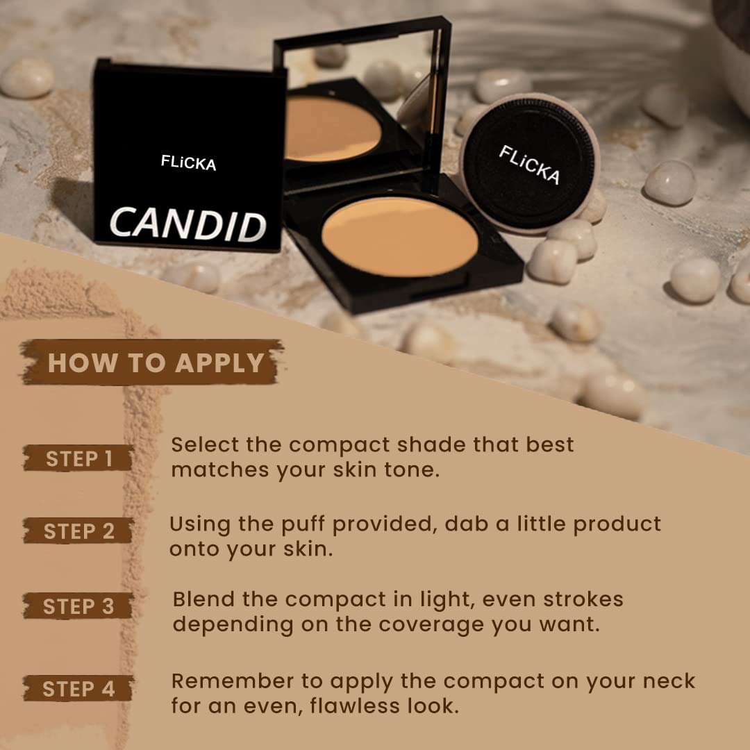 FLiCKA Candid Compact Powder For Velvet Matte Finish, Long-Lasting, Smooth Finish| Absorbs Oil, Waterproof Formula, Prevents Creasing| 03 Caramel, 9g