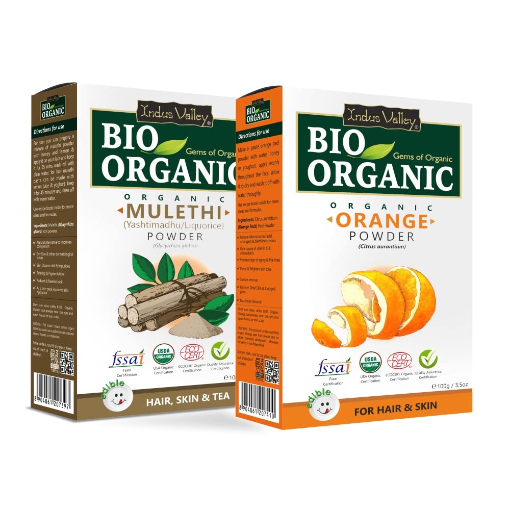 INDUS VALLEY 100% Natural Mulethi Powder | Yashimadhu | Liquorice | Glycyrrhiza glabra & Orange Peel Powder | Citrus aurantium - (100g *2=200 gm)