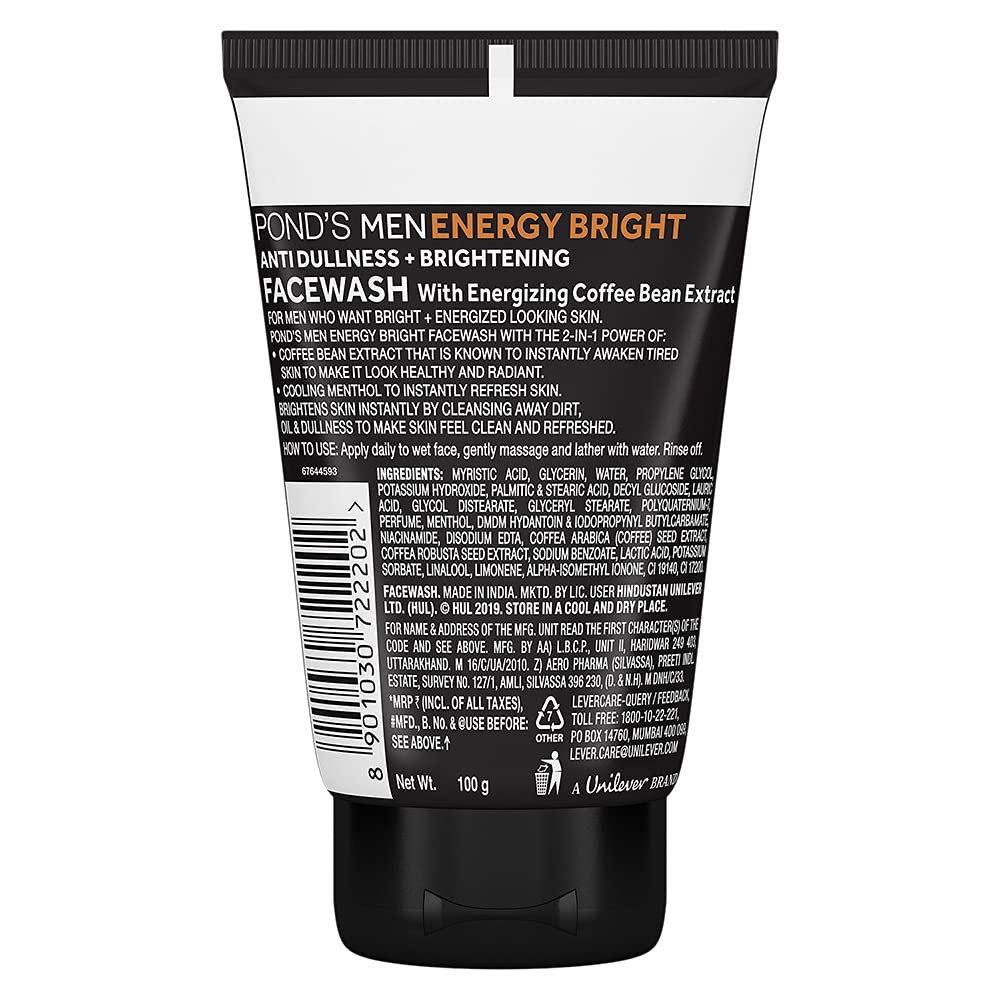 POND'S Men, Energy Bright Facewash, 100g, for Instant Brightness, with Coffee Bean Extract & Menthol, Anti-Dullness & Brightening Face Wash, Specially Developed for Men