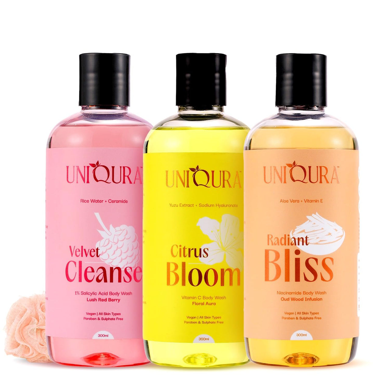 Uniqura Body Wash Super Saver Pack with oud,berries & floral fragrances | 1% Salicylic Acid, Vitamin C & Niacinamide Oud Body Washes | Deep Cleansing & Hydrating Shower Gel (300 ml each+Free Loofah)