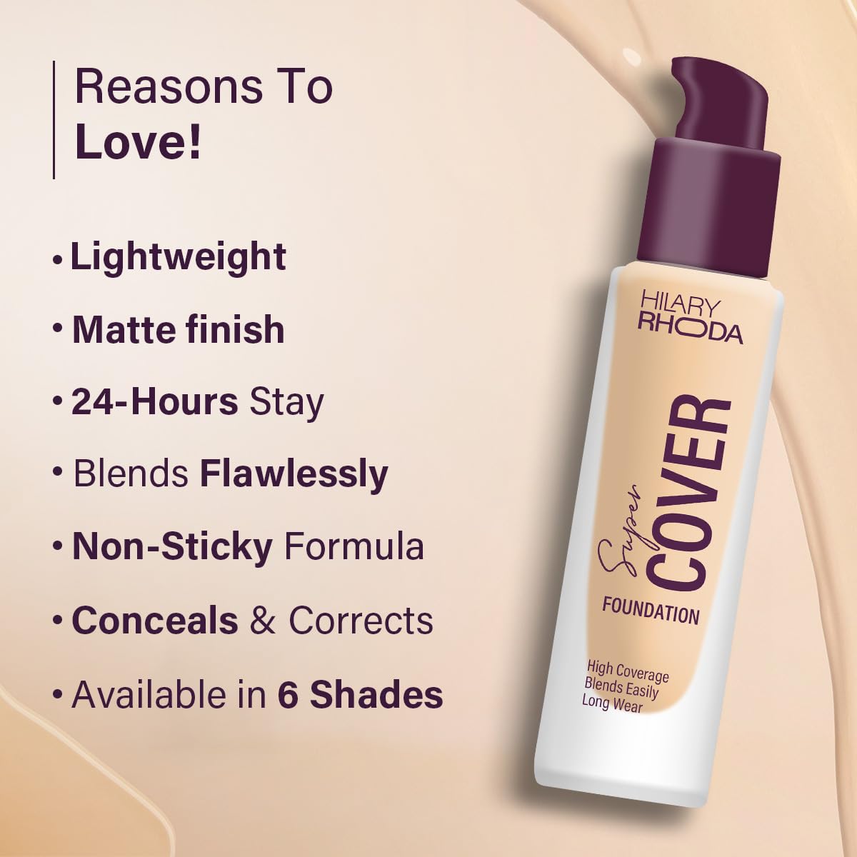 Hilary Rhoda Super Cover Foundation for All Skin Types|Blemish Free|High Coverage & Waterproof Foundation|24-Hour Stay & Non-Sticky Formula|Matte Finish|Blends Flawlessly|30g (Shell White| Shade 01)