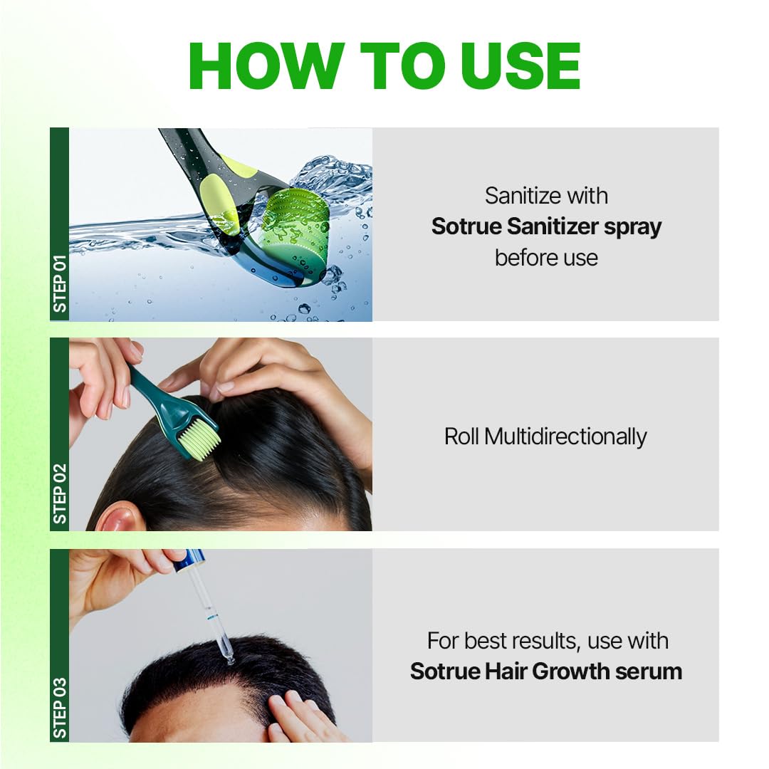 Sotrue Epifine Derma Roller 0.5mm with Sanitizer | 540 Medical Grade Stainless Steel Needles | Derma Roller for Hair Growth & Thickening, Repair Damages and Activates Hair Follicles (Green)