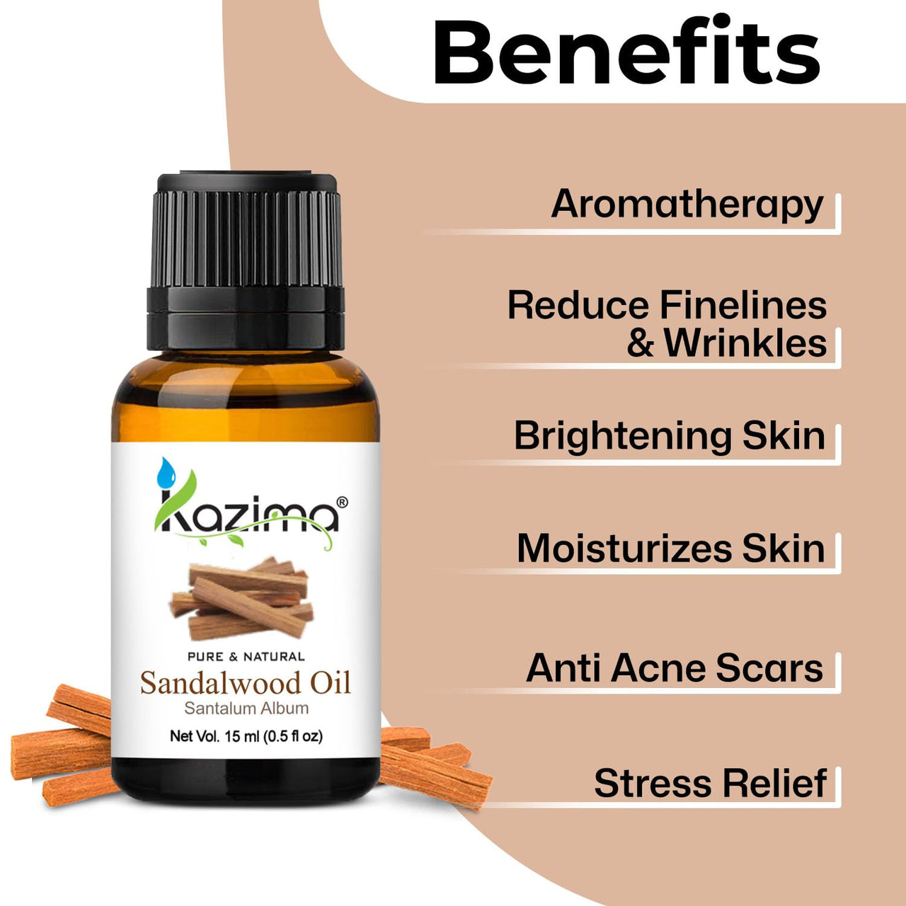KAZIMA Sandalwood Oil for Skin, Face & Aromatherapy | Pure & Natural Sandalwood Essential Oil (Chandan Oil) for Stress Relief & Relaxation | Sandalwood Oil for Diffuser & Pooja | 15 ml