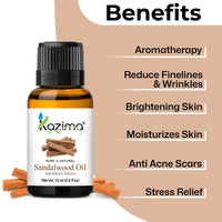 KAZIMA Sandalwood Oil for Skin, Face & Aromatherapy | Pure & Natural Sandalwood Essential Oil (Chandan Oil) for Stress Relief & Relaxation | Sandalwood Oil for Diffuser & Pooja | 15 ml