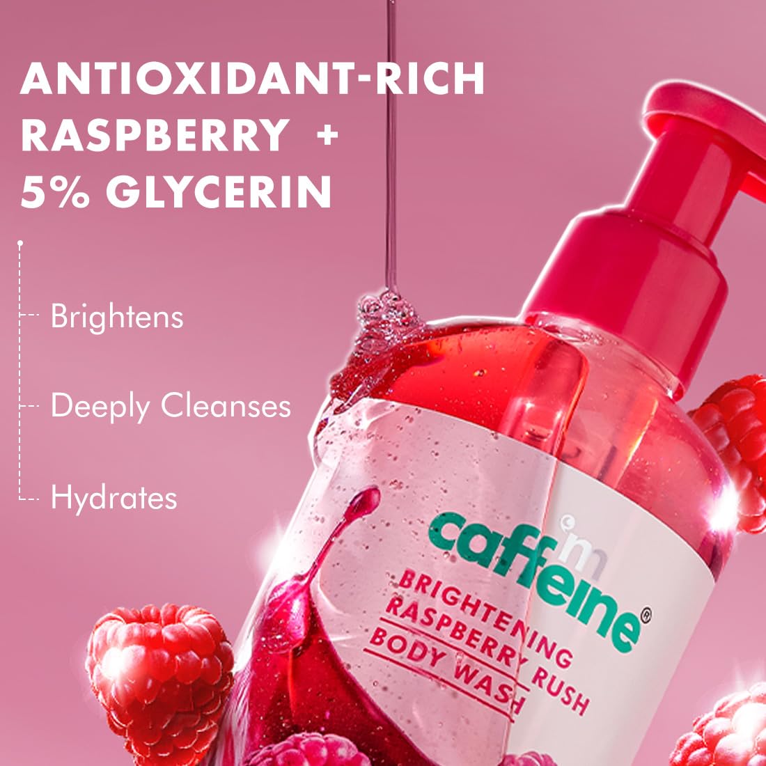 mCaffeine Brightening Body Wash - 300 ml with Fruity Raspberry Fragrance | De-Tans & Deep Cleanses with Vitamin C Rich| 5% Glycerin for Hydrated & Soft Skin | Fragrance Shower Gel for women and men