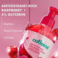 mCaffeine Brightening Body Wash - 300 ml with Fruity Raspberry Fragrance | De-Tans & Deep Cleanses with Vitamin C Rich| 5% Glycerin for Hydrated & Soft Skin | Fragrance Shower Gel for women and men