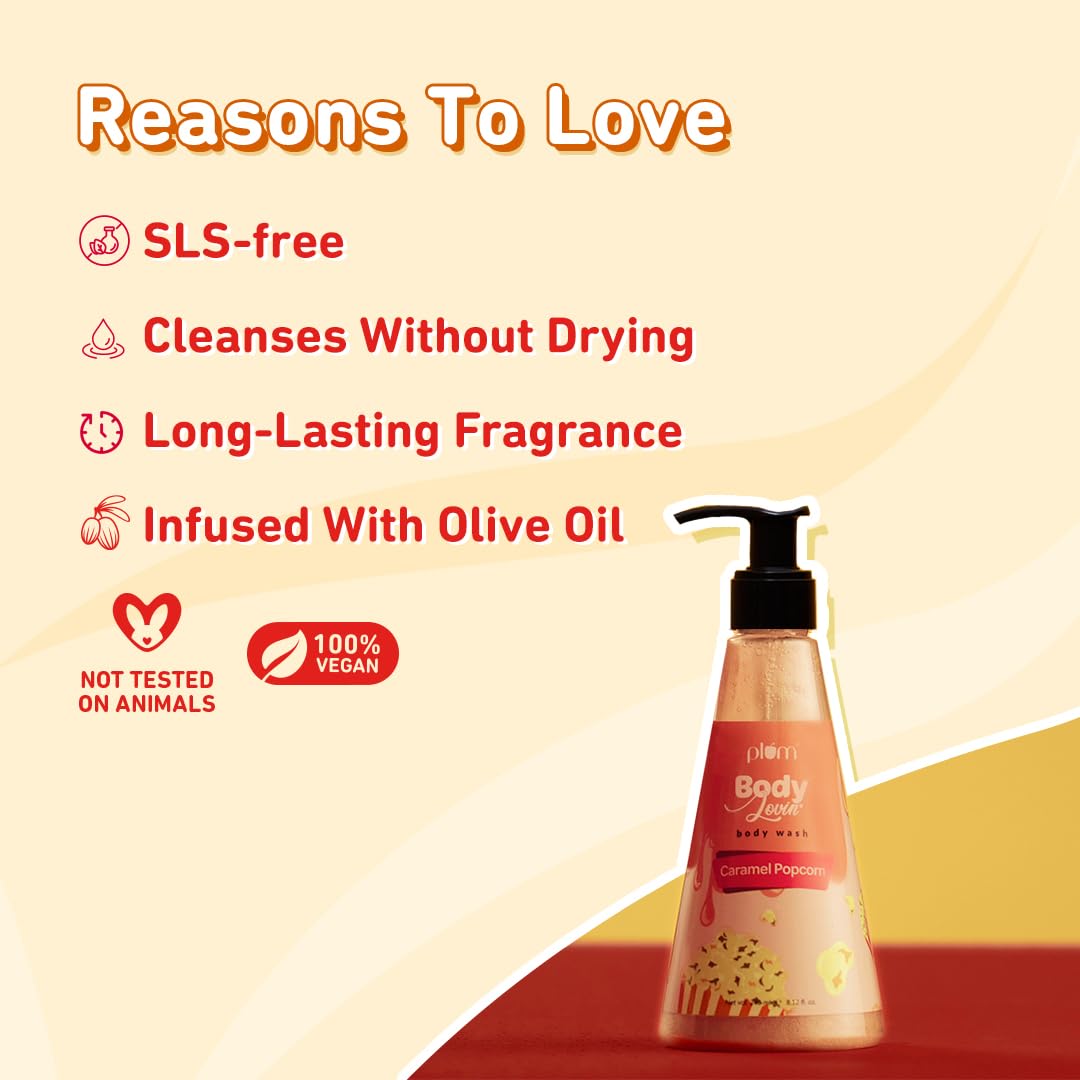 Plum BodyLovin' Caramel Popcorn Body Wash | SLS-Free Body Wash For Women | Long Lasting Warm Caramel Fragrance | Aloe-Infused Nourishing Body Cleanser For Soft & Smooth Skin (240 ml)