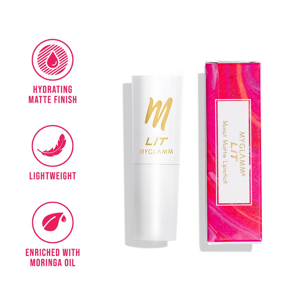 MyGlamm LIT Moist Matte Lipstick - Red Lady (Red Pink Shade)| Long Lasting, Pigmented, Hydrating Lipstick with Moringa Oil and Vitamin E (4.2g)