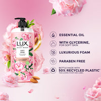 Lux Body Wash Soft Skin French Rose & Almond Oil Super Saver XL Pump Bottle with Long Lasting Fragrance, Glycerine, Paraben Free, Extra Foam, 750 ml (Pack of 2)