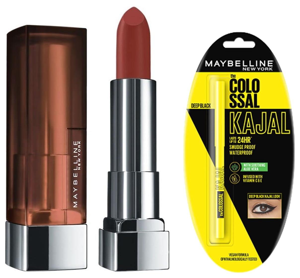 Maybelline New York Matte Lipstick, Intense Colour, 676 East Village Rose, 3.9g & Maybelline New York Colossal Kajal, Intense Colour, Waterproof, Long lasting 24Hrs Stay, Black, 0.35g