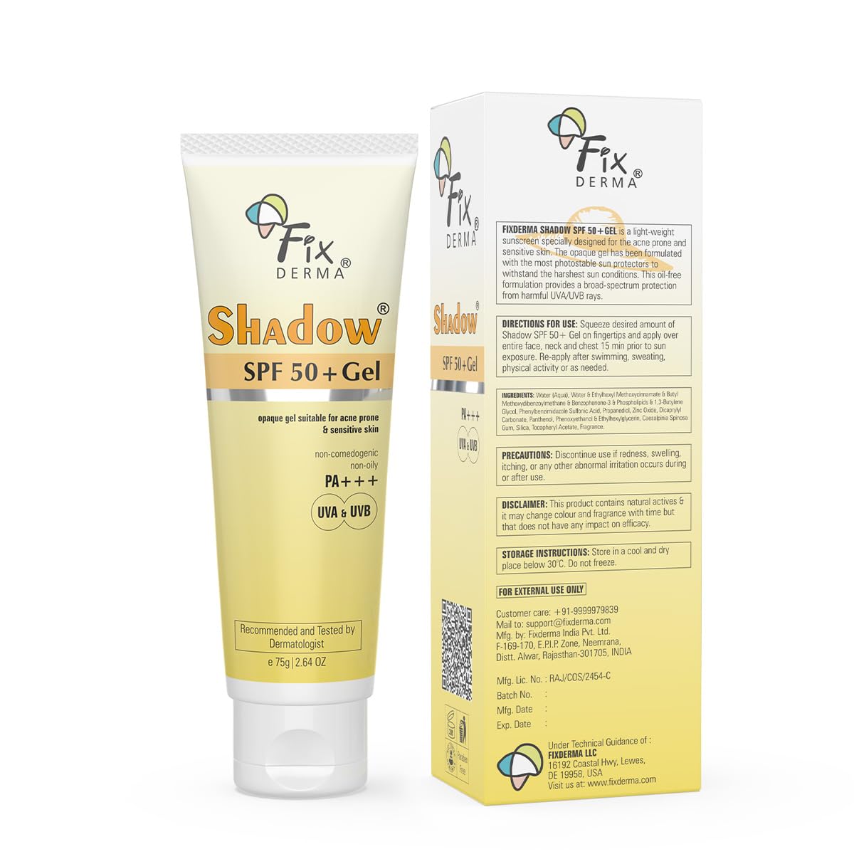 Fixderma Shadow Sunscreen SPF 50+ PA+++ Gel | Sunscreen SPF 50 for Oily, Acne Prone & Normal Skin | Broad Spectrum & UVA & UVB Protection | Lightweight | No White Cast | For Men & Women - 75G