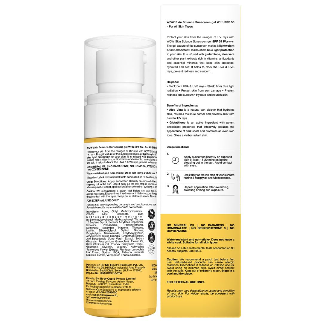 WOW Skin Science Sunscreen Gel For All Skin Types | SPF 55 PA++++ | With Glutathione & Aloe Vera Extract | Lightweight | Quick Absorbing | No White Cast | UVA & UVB Protection | 100 ml