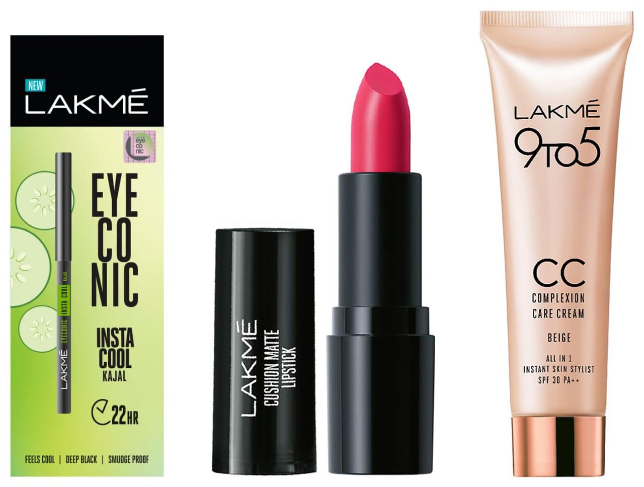 Lakmé Cushion Matte Lipstick & Eyeconic Insta Cool Kajal, Black & Lakmé 9 To 5 Cc Cream Mini, 01 - Beige, 9 G