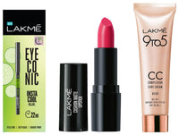 Lakmé Cushion Matte Lipstick & Eyeconic Insta Cool Kajal, Black & Lakmé 9 To 5 Cc Cream Mini, 01 - Beige, 9 G