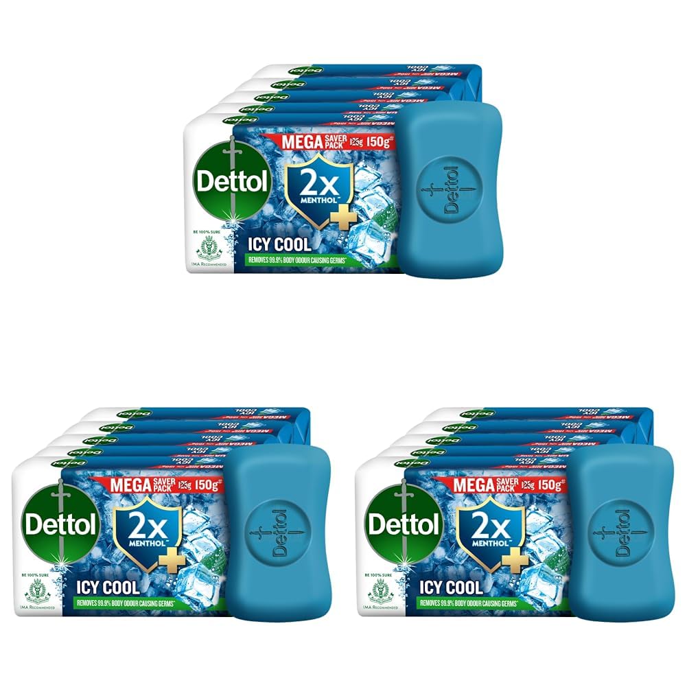 Dettol Icy Cool Bathing Soap Bar With 2x Menthol (750gm), 150gm - Pack of 15