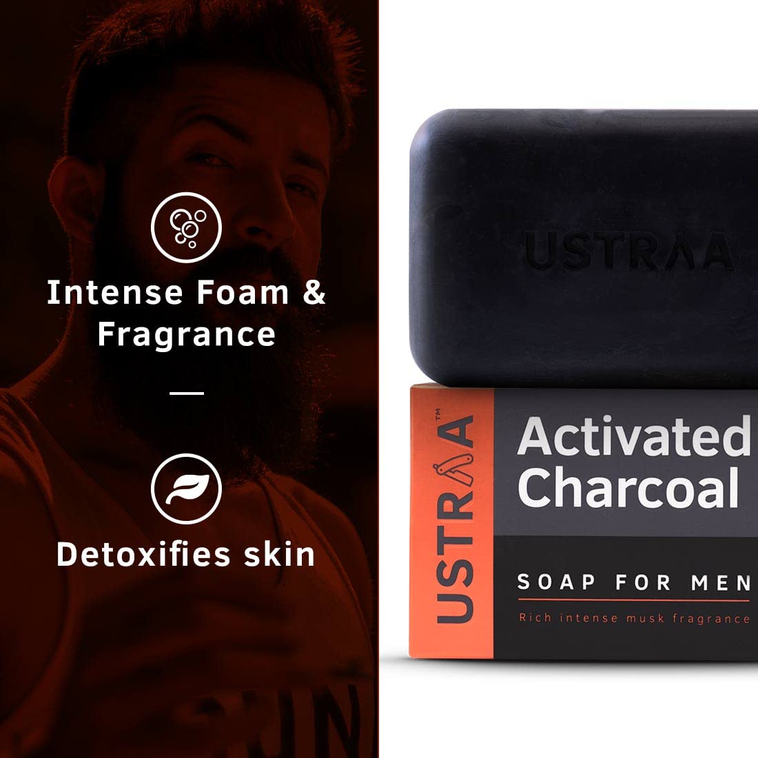 Ustraa Deo Soap For Men With Activated Charcoal, 8 x 100 G (Pack Of 8) | With Activated Charcoal | Rich Intense Musk Fragrance | Powerful fragrance | Rich & Intense Foam