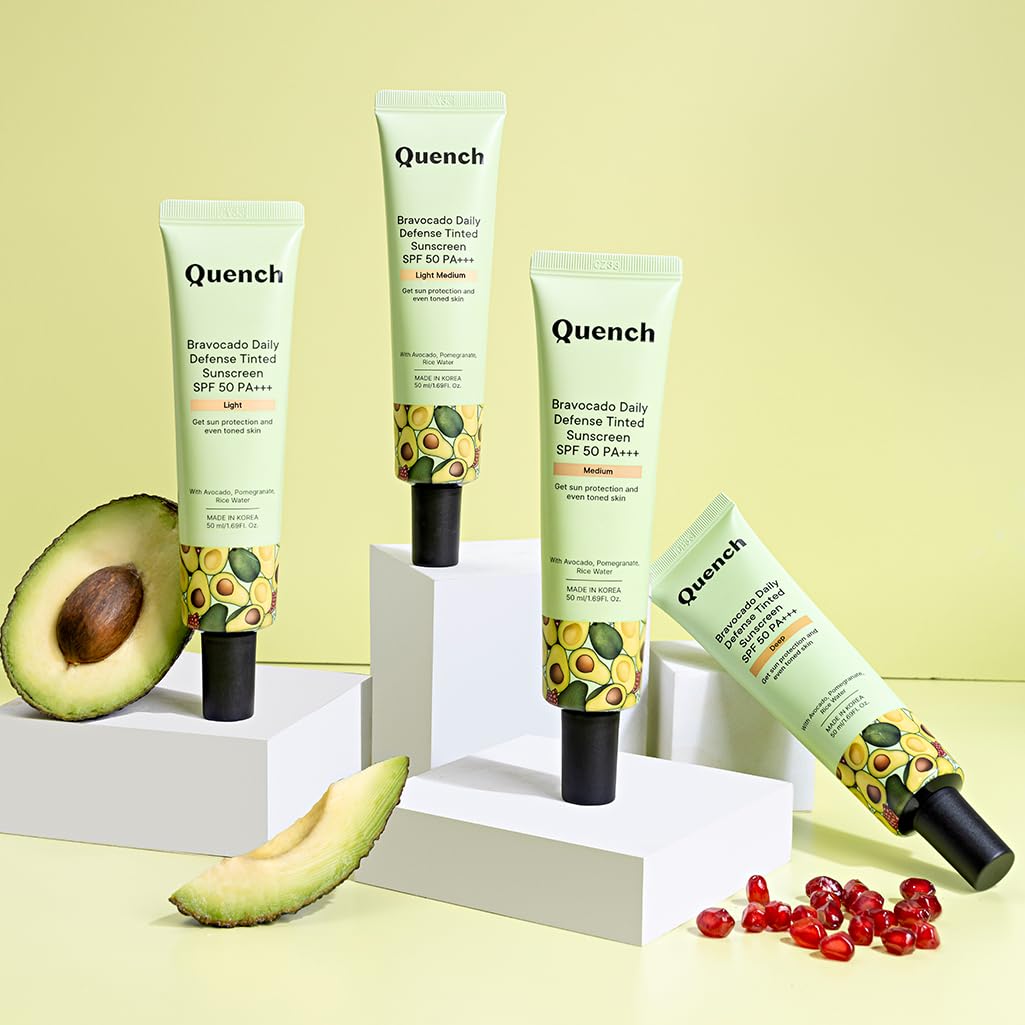 QUENCH BOTANICS Quench Daily Defense Tinted Sunscreen Spf 50 Pa+++ For Glowing Skin With Avocado & 2% Niacinamide Blue Light Protection Satin-Matte Finish Made In Korea Medium, 50Ml | For Normal Skin