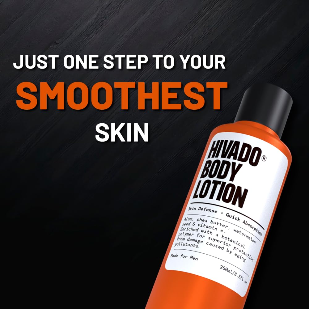 Hivado Men’s Body Lotion | Deep Hydration & 24-Hour Moisture Lock | Watermelon Seed & Shea Butter | Lightweight, Non-Greasy, Fast-Absorbing | For Rough & Dry Skin | Sulphate & Paraben Free | 250ml