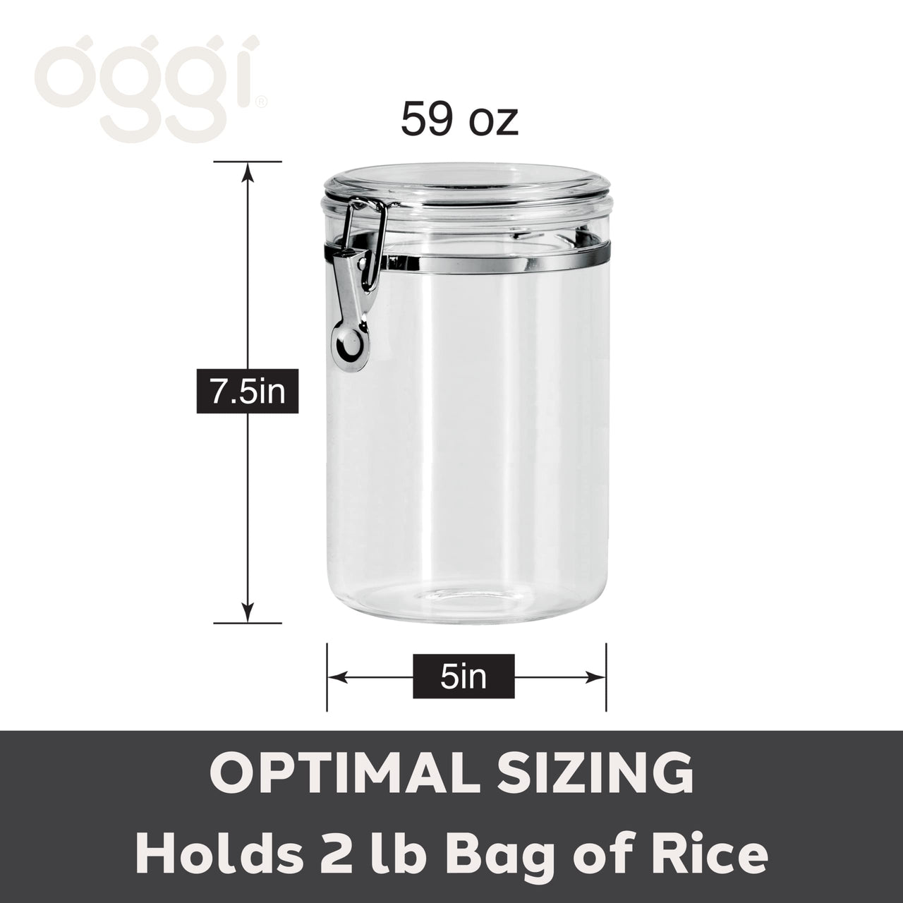 OGGI Medium-Sized Clear Canister with Clamp Lid, 59 oz - Large Airtight Food Storage Container, for Kitchen & Pantry Storage of Bulk, Dry Foods, Pasta, Flour, Sugar, Coffee, Rice, Tea, Spices & Herbs