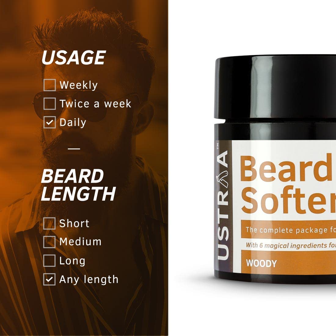 Ustraa Beard Softener Woody - 100 Gram (Set Of 2) - Softens And Nourishes Your Beard Without Sulphates Or Parabens, Long Lasting Moisturization And Shine For A Nourished, Itch-Free Beard For Dry Hair